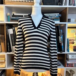 Striped V-Neck Sweater - Black and White